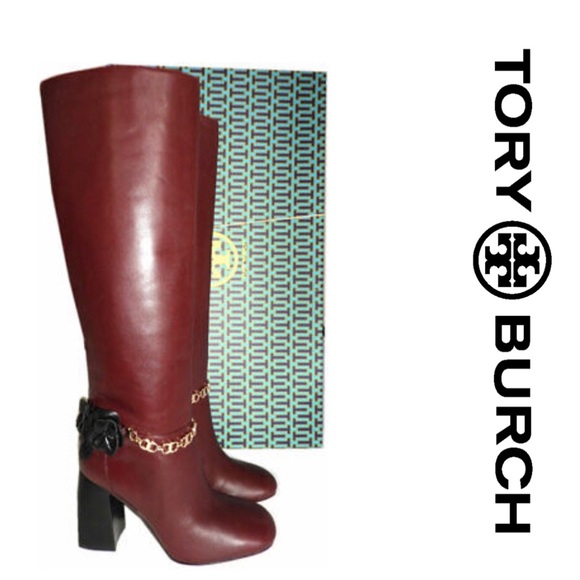 Tory Burch Shoes - TORY BURCH Blossom Leather Burgundy Knee High Boot